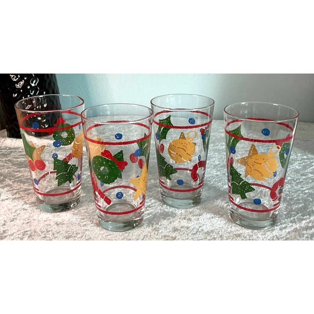 VTG  4 - Libbey 16 Oz Clear Glass Christmas Wreath Theme Glasses, Tumblers MCM